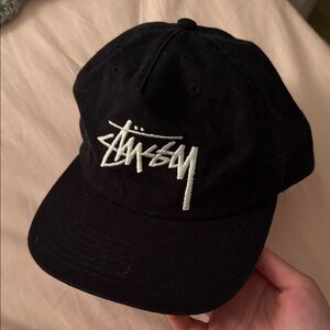 Stussy Black Cap with White Script Logo Embroidery